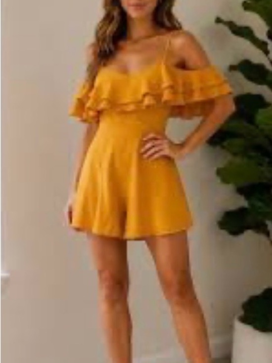 iris Pants - IRIS Mustard Yellow Ruffle Off-Shoulder Romper